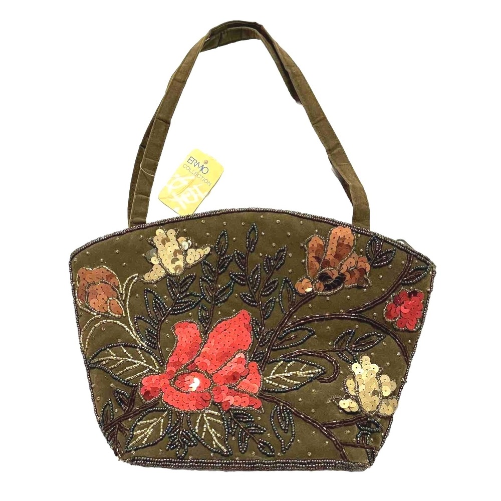 ERMO Collection‎ Evening Velvet Floral Beaded Handbag Zipper Olive Green